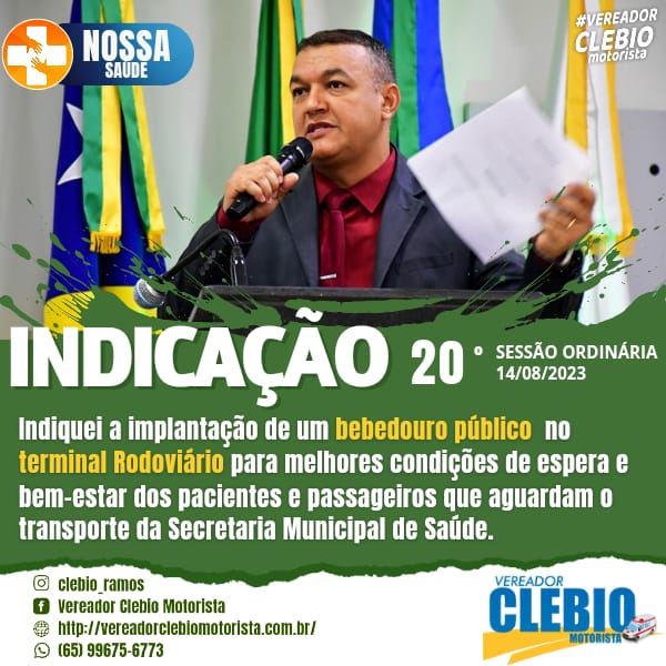 Vereador Clébio Motorista Indica a implantação de bebedouro público no terminal Rodoviário em Pontes e Lacerda/MT