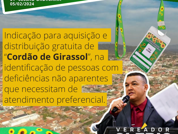 Vereador Clébio Motorista indica a aquisição e distribuição gratuita de “Cordão de Girassol” em Pontes e Lacerda/MT.