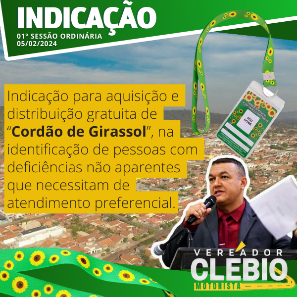 Vereador Clébio Motorista indica a aquisição e distribuição gratuita de “Cordão de Girassol” em Pontes e Lacerda/MT.