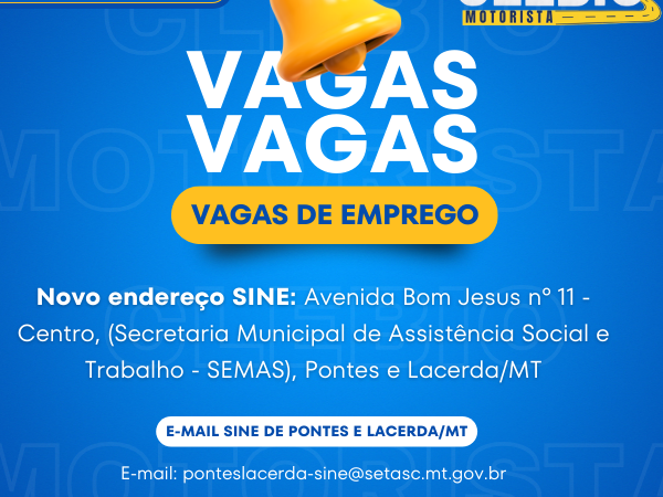 Vagas de emprego disponíveis nesta terça-feira (27/08) no município de Pontes e Lacerda/MT