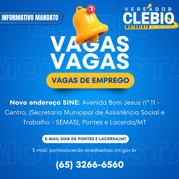 Vagas de emprego disponíveis nesta quarta-feira (17/07) no município de Pontes e Lacerda/MT