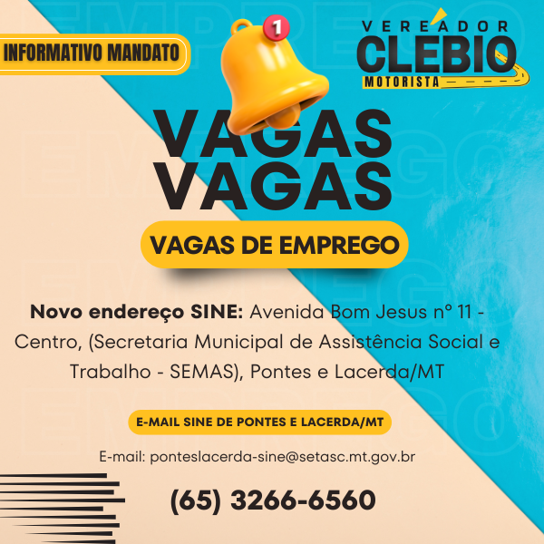 Vagas de emprego atualizado dessa semana (23/10), no município de Pontes e Lacerda/MT